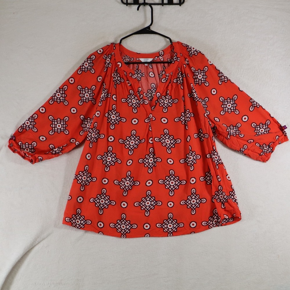 Crown & Ivy Curvy Womens 1X Orange Medallion Print Boho Blouse 3/4 Sleeve